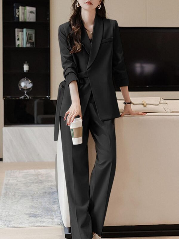 Solid Color Office & Work Pants Set, Button Lapel Neck Long Sleeve Blazer & Elastic Waist Pants Outfits, Women's Clothing