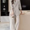 Solid Color Office & Work Pants Set, Button Lapel Neck Long Sleeve Blazer & Elastic Waist Pants Outfits, Women's Clothing
