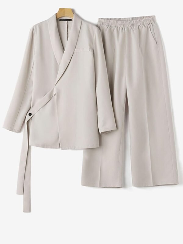 Solid Color Office & Work Pants Set, Button Lapel Neck Long Sleeve Blazer & Elastic Waist Pants Outfits, Women's Clothing