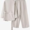 Solid Color Office & Work Pants Set, Button Lapel Neck Long Sleeve Blazer & Elastic Waist Pants Outfits, Women's Clothing