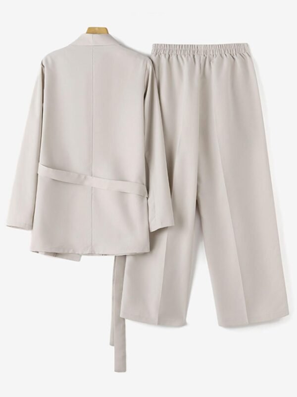 Solid Color Office & Work Pants Set, Button Lapel Neck Long Sleeve Blazer & Elastic Waist Pants Outfits, Women's Clothing