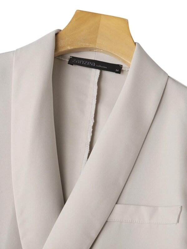 Solid Color Office & Work Pants Set, Button Lapel Neck Long Sleeve Blazer & Elastic Waist Pants Outfits, Women's Clothing