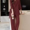 Solid Color Office & Work Pants Set, Button Lapel Neck Long Sleeve Blazer & Elastic Waist Pants Outfits, Women's Clothing