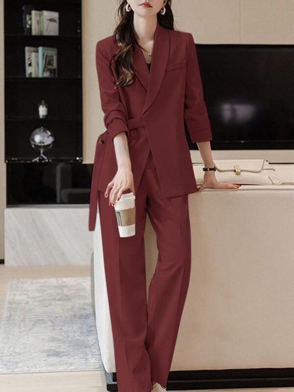 Solid Color Office & Work Pants Set, Button Lapel Neck Long Sleeve Blazer & Elastic Waist Pants Outfits, Women's Clothing