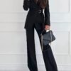 Elegant Office Pants Set, Belted Lapel Long Sleeve Slim Blazer & High Waist Straight Leg Loose Pants, Women's Clothing