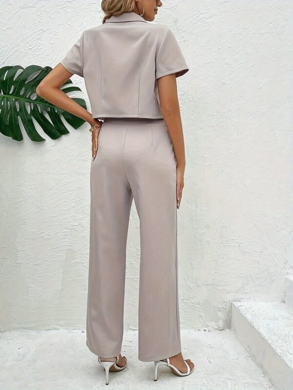 Solid Color Botton Two Piece Blazer Set, Elegant Lapel Long Sleeve Blazer ＆ Pants For Office & Work, Women's Clothing
