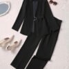 Elegant Office Pants Set, Belted Lapel Long Sleeve Slim Blazer & High Waist Straight Leg Loose Pants, Women's Clothing