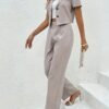 Solid Color Botton Two Piece Blazer Set, Elegant Lapel Long Sleeve Blazer ＆ Pants For Office & Work, Women's Clothing