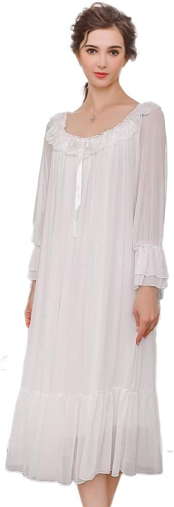 Women's Long-sleeve Mesh Nightdress Princess Vintage Nightgown Lace Sleepwear Pajamas