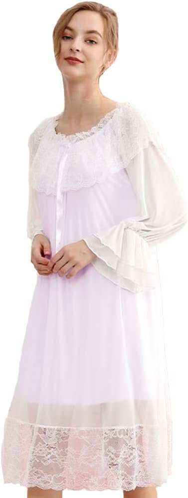 Women's Long-sleeve Mesh Nightdress Princess Vintage Nightgown Lace Sleepwear Pajamas