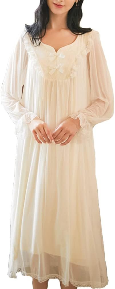 Women's Long-sleeve Mesh Nightdress Princess Vintage Nightgown Lace Sleepwear Pajamas