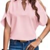 Women's Cold Shoulder Tops Summer Fashion Short Sleeve V Neck Casual Loose Solid Color Blouse Shirts