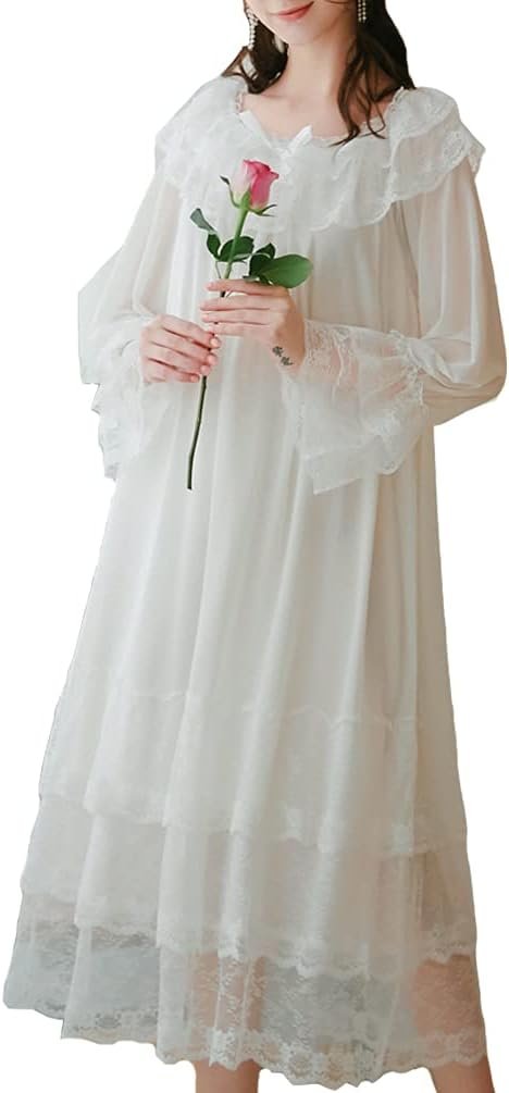 Women's Long-sleeve Mesh Nightdress Princess Vintage Nightgown Lace Sleepwear Pajamas