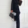 Elegant Office Pants Set, Belted Lapel Long Sleeve Slim Blazer & High Waist Straight Leg Loose Pants, Women's Clothing