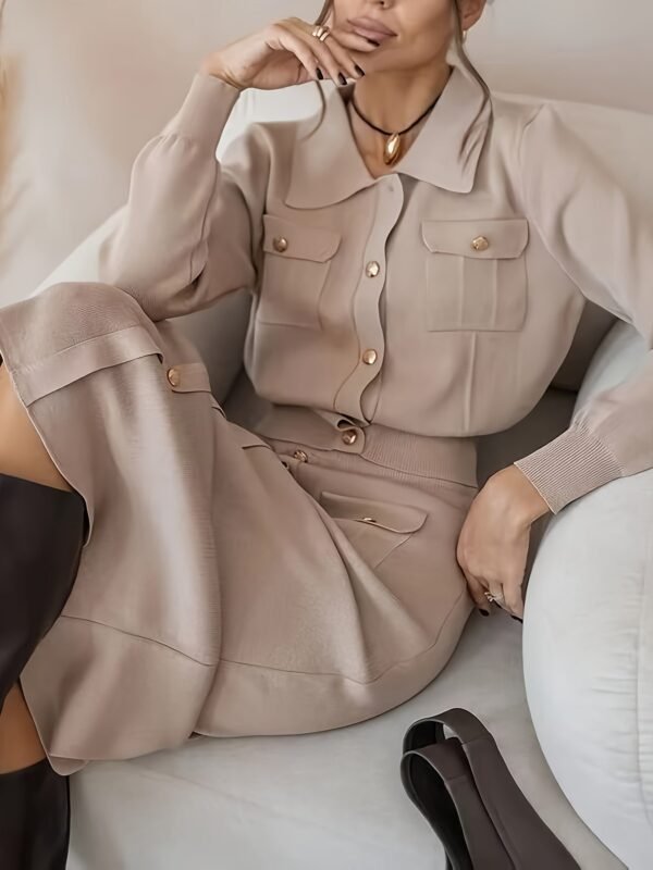 Elegant Solid Color Skirt Set, Single Breasted Flap Pockets Top & High Waist Slim Skirt For Office & Work, Women's Clothing