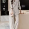 Solid Color Office & Work Pants Set, Button Lapel Neck Long Sleeve Blazer & Elastic Waist Pants Outfits, Women's Clothing