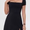 Womens Sexy Square Neck Trendy Dress Short Sleeve Stretchy Bodycon Side Flare Split Lined Mini Dress