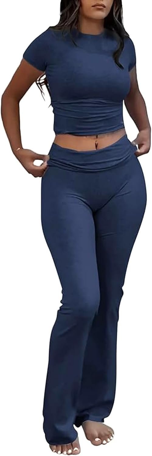 Women's 2 Piece Yoga Set Soft Short Sleeve Top Flare Leggings Comfortable Stretchy for Casual Active Wear