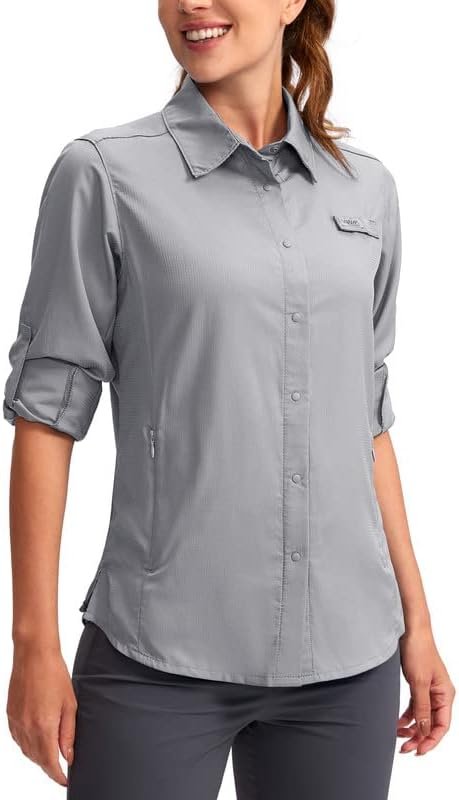 Womens Sun Protection Fishing Shirt with Zipper Pockets Lightweight SPF Long Sleeve Shirts for Hiking Safari