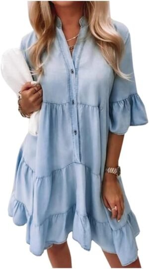 Women Denim Dresses Casual V Neck Ruffle Short Sleeve Jean Dress Summer Babydoll Dress 2024