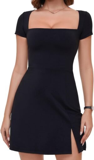 Womens Sexy Square Neck Trendy Dress Short Sleeve Stretchy Bodycon Side Flare Split Lined Mini Dress