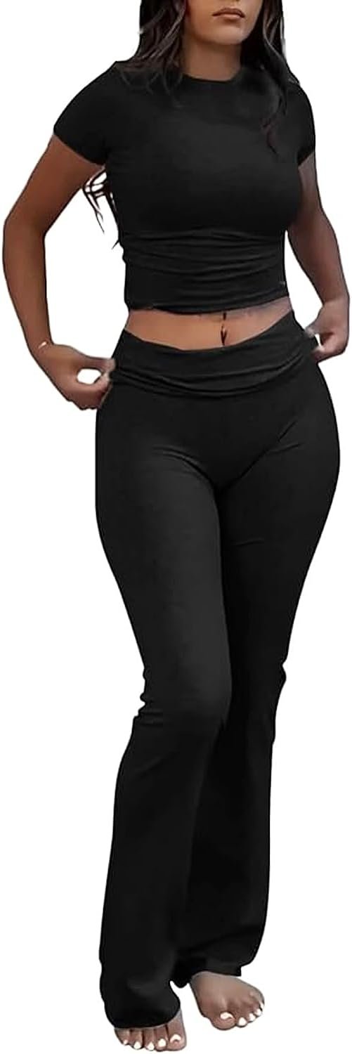Women's 2 Piece Yoga Set Soft Short Sleeve Top Flare Leggings Comfortable Stretchy for Casual Active Wear