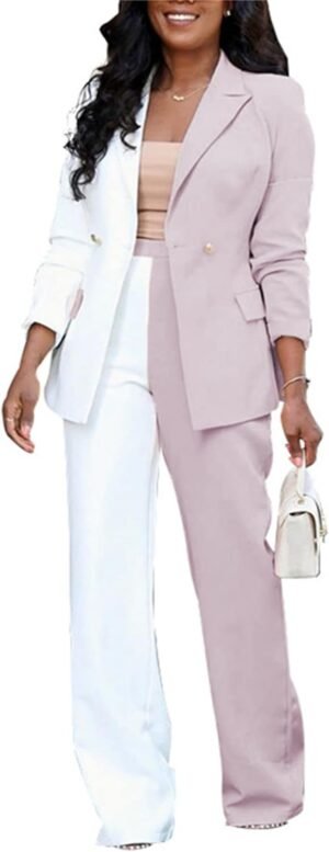Women's Casual Outfits Lightweight Blazer Jacket and Wide Leg Pants Suit Set