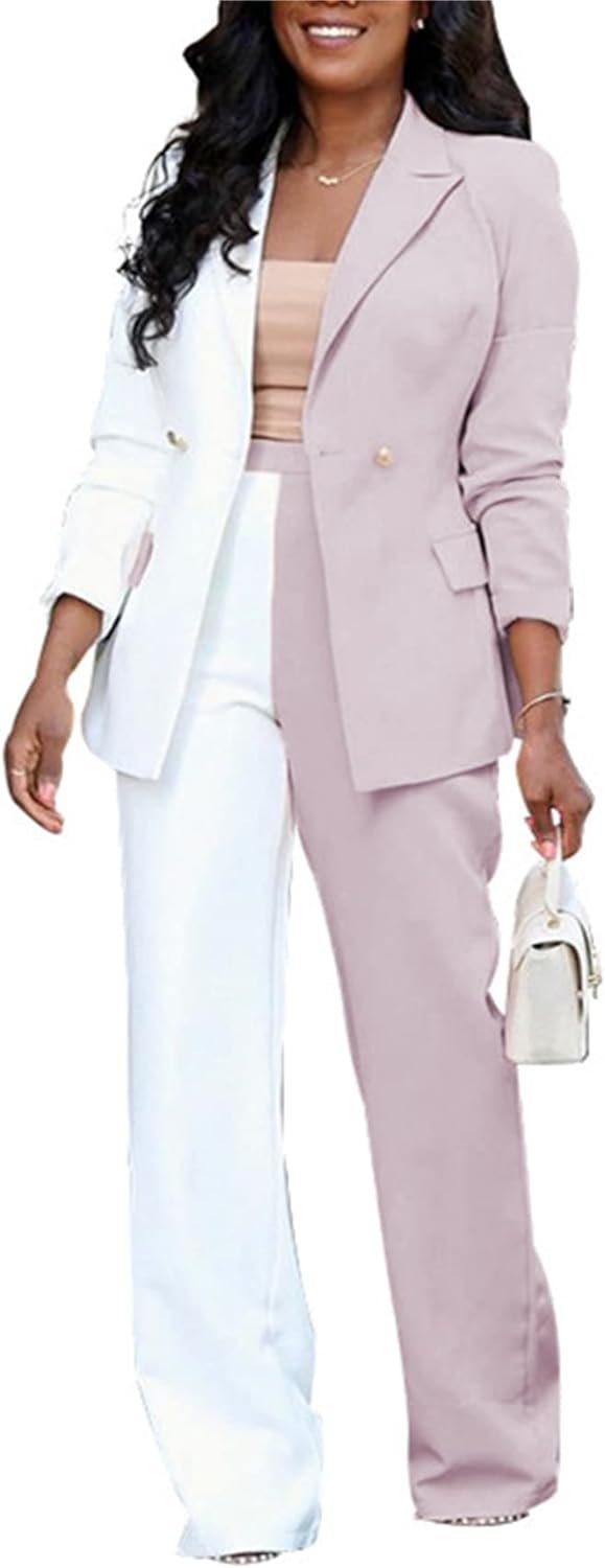 Women's Casual Outfits Lightweight Blazer Jacket and Wide Leg Pants Suit Set