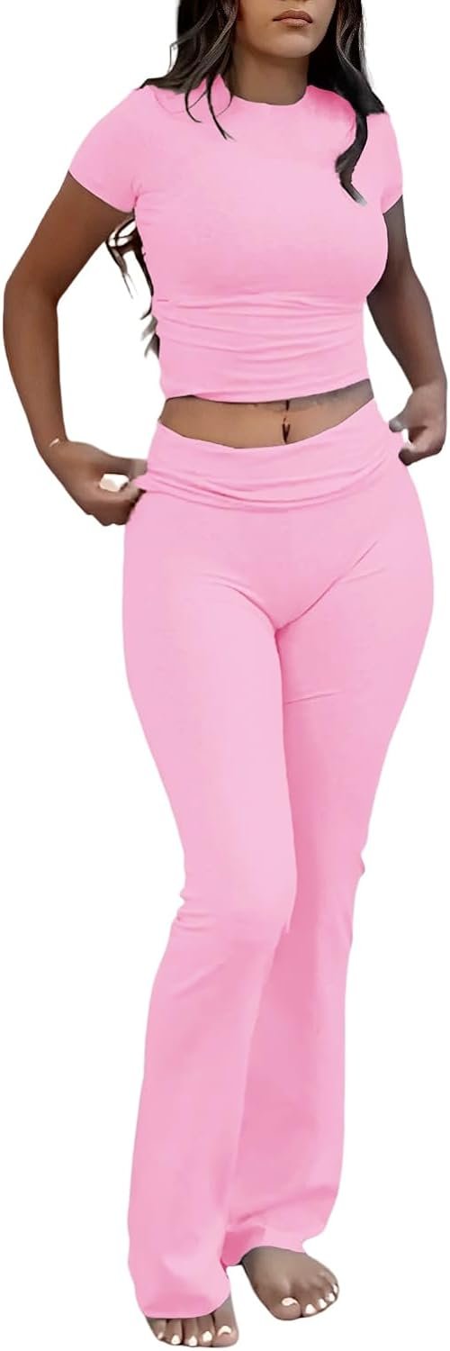 Women's 2 Piece Yoga Set Soft Short Sleeve Top Flare Leggings Comfortable Stretchy for Casual Active Wear