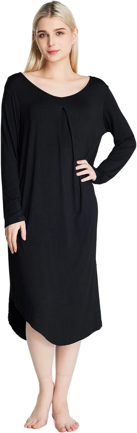 loungewear Womens Nightgown pajamas Bamboo Viscose Super Soft Long Sleeve sleepwear Nightdress Outdoor Wearable