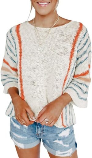 Womens 2024 Cute Spring Summer Color Block Striped Lightweight Comfy Cable Knit Beach Boho Clothes Pullover Sweaters