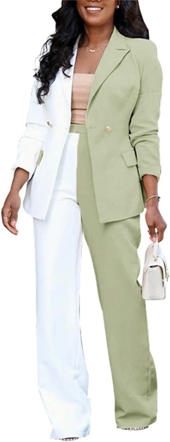 Women's Casual Outfits Lightweight Blazer Jacket and Wide Leg Pants Suit Set