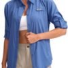 Womens Sun Protection Fishing Shirt with Zipper Pockets Lightweight SPF Long Sleeve Shirts for Hiking Safari