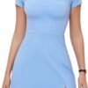 Womens Sexy Square Neck Trendy Dress Short Sleeve Stretchy Bodycon Side Flare Split Lined Mini Dress