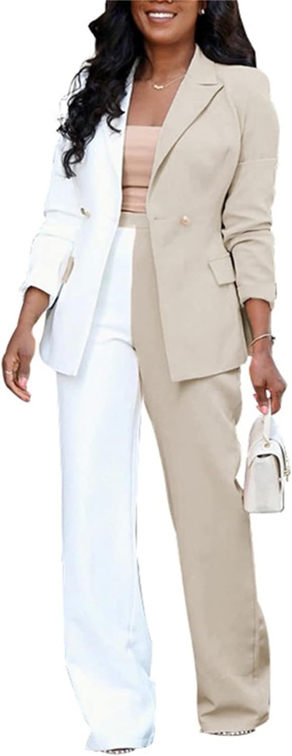 Women's Casual Outfits Lightweight Blazer Jacket and Wide Leg Pants Suit Set