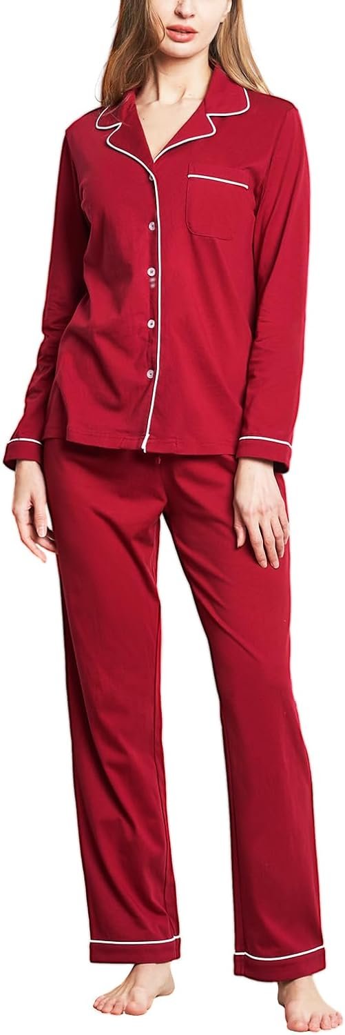 100% Cotton Pajama Set for Women Long Sleeve Womens Sleepwear Button Down NightWear Soft Pj Lounge Sets