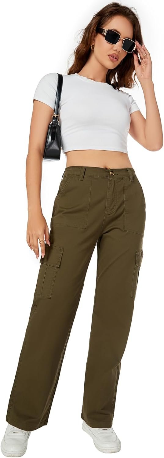 Women's High Waist Stretchy Cotton Cargo Pants Wide Leg Hiking Tactical Trousers with 6 Pockets