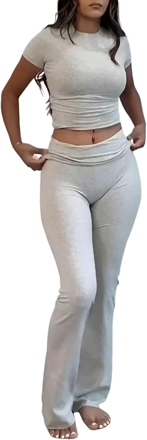 Women's 2 Piece Yoga Set Soft Short Sleeve Top Flare Leggings Comfortable Stretchy for Casual Active Wear