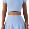 2 Piece Tennis Dress for Women High Waist Pleated Tennis Skirt with Shorts Short Sleeve Crop Golf Workout Skirts Sets