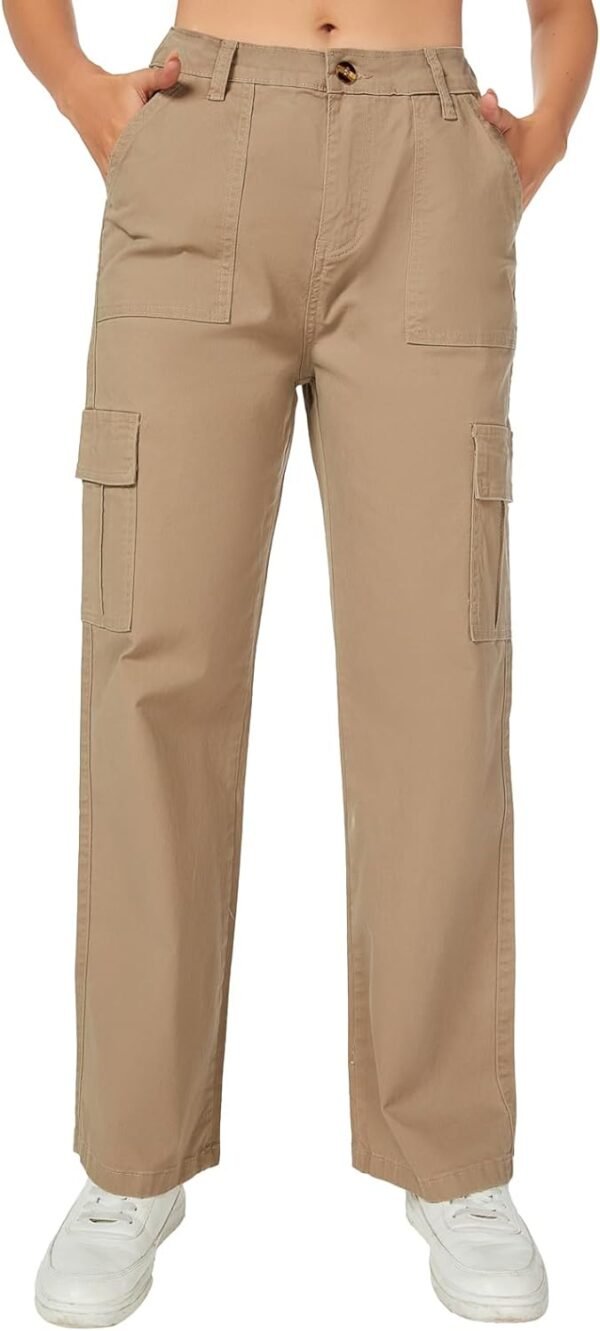 Women's High Waist Stretchy Cotton Cargo Pants Wide Leg Hiking Tactical Trousers with 6 Pockets