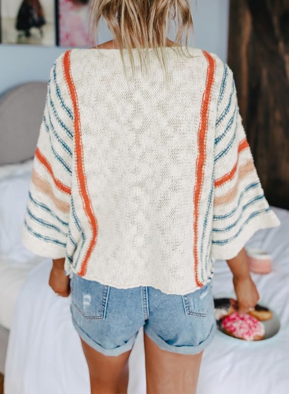 Womens 2024 Cute Spring Summer Color Block Striped Lightweight Comfy Cable Knit Beach Boho Clothes Pullover Sweaters