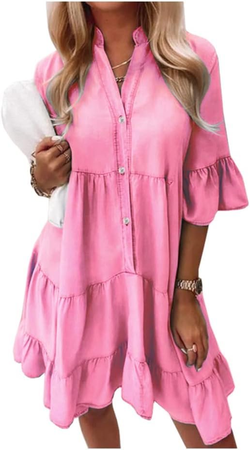 51gaKd71z8L._AC_SL1001.jpg Women Denim Dresses Casual V Neck Ruffle Short Sleeve Jean Dress Summer Babydoll Dress 2024