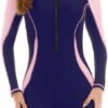 Women Zip Rash Guard Long Sleeve One Piece Splice Swimsuit UPF 50+ Tummy Control Surfing Bathing Suits Boyshort Bottom