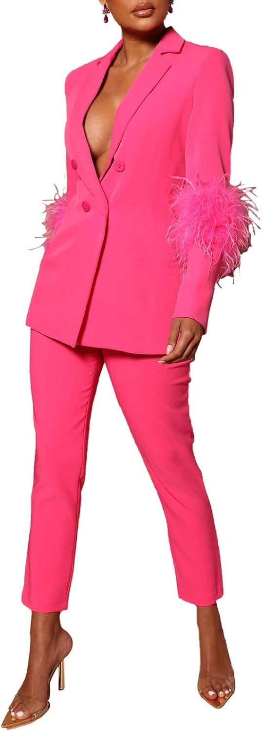 Women's Casual Outfits Lightweight Blazer Jacket and Wide Leg Pants Suit Set