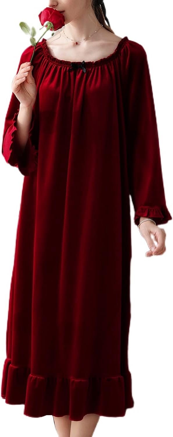 Women's Long Sleeve Nightgown Velvet Sleep Dress Ruffle Crew Neck Mid-length Nightdress