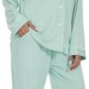 Womens Bamboo Pajama Set Long Sleeve Button Down, Soft Pj Pants with Pockets, Lightweight Sleepwear Loungewear