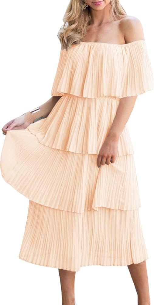 Women's Off The Shoulder Ruffles Summer Valentines Day Loose Casual Chiffon Long Party Beach Maxi Dress