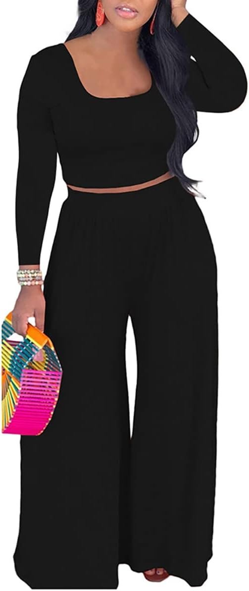 2 Piece Outfits for Women Casual Wide Leg Pants Set Outfits Sexy Front Crop Tops High Waist Jumpsuits Set