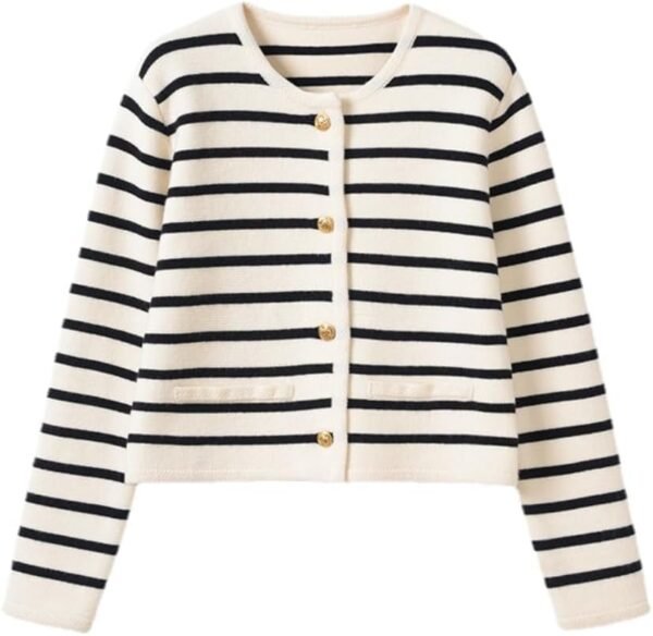 Women's Lightweight Striped Loose Sweater Polo V Neck Knitted Lapel Shirt Casual Color Block Top with Cream Background