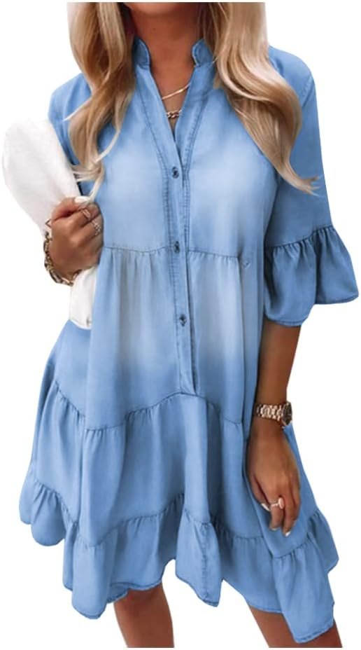 51sKKMhuH6L._AC_SL1001.jpg Women Denim Dresses Casual V Neck Ruffle Short Sleeve Jean Dress Summer Babydoll Dress 2024